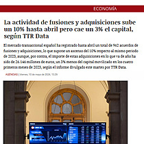 La actividad de fusiones y adquisiciones sube un 10% hasta abril pero cae un 3% el capital, segn TTR Data